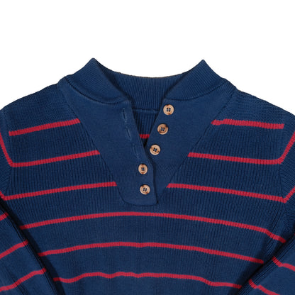 Vintage 80's Blue & Red Striped Henley Men's Small Fisherman Sweater Coastal Knit