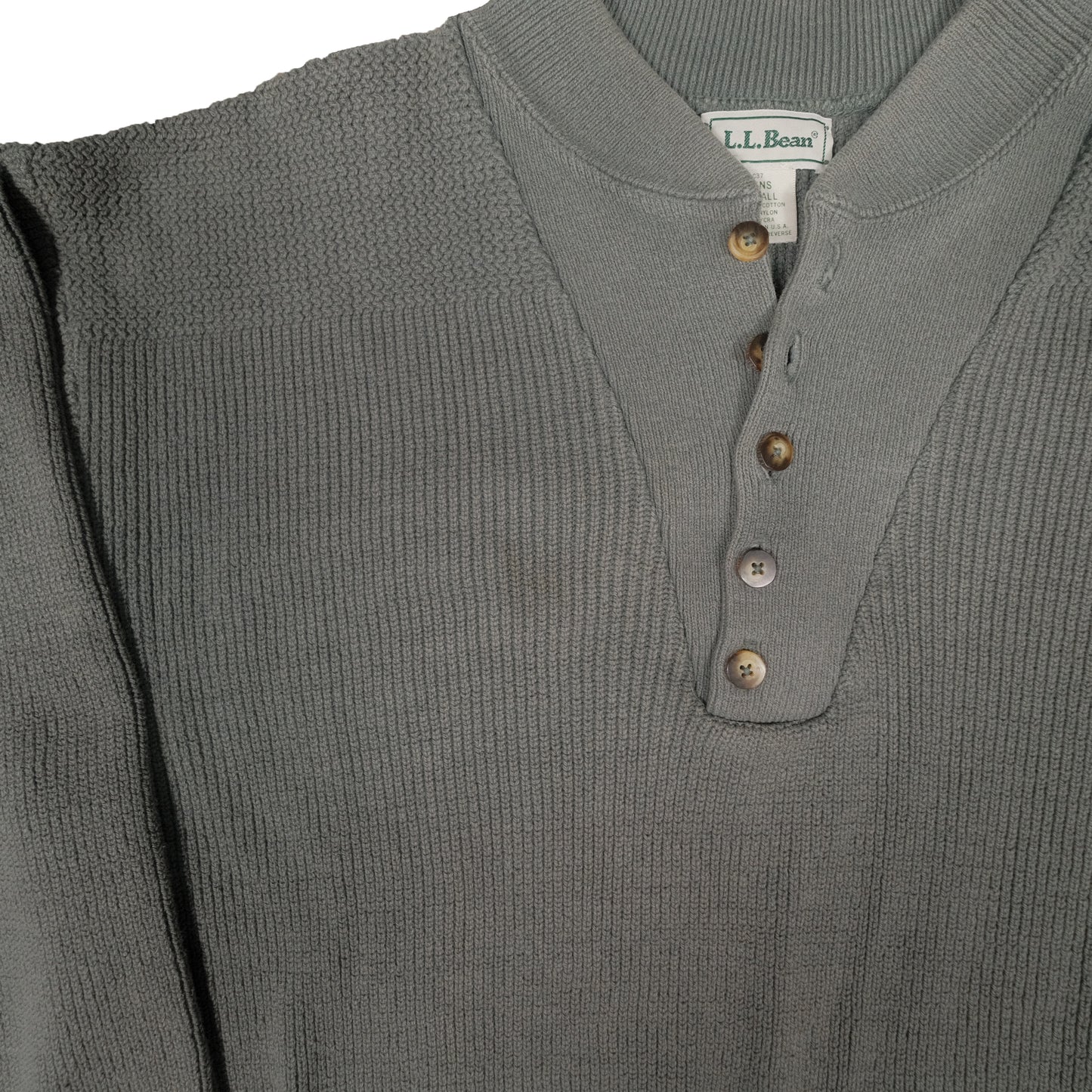 Vintage LL Bean Ribbed Cotton Henley Sweater Men's Large Tall Fisherman Knit USA Made Green