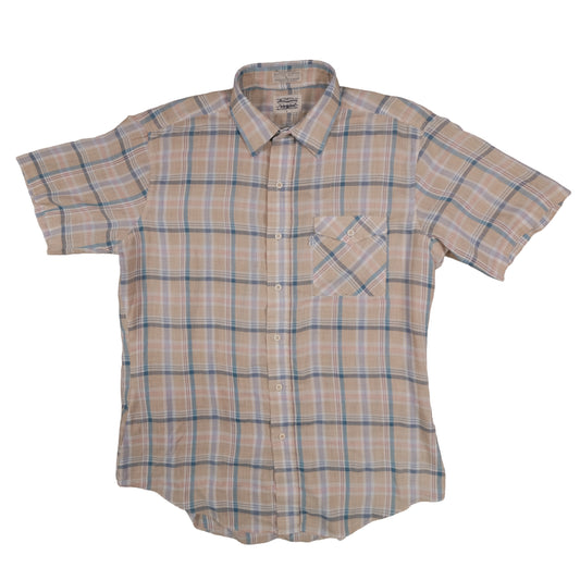 Vintage 70’s Levi’s Short Sleeve Button Up Tan Plaid Men’s Large Made in Korea Flap Pocket