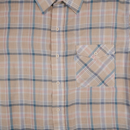 Vintage 70’s Levi’s Short Sleeve Button Up Tan Plaid Men’s Large Made in Korea Flap Pocket