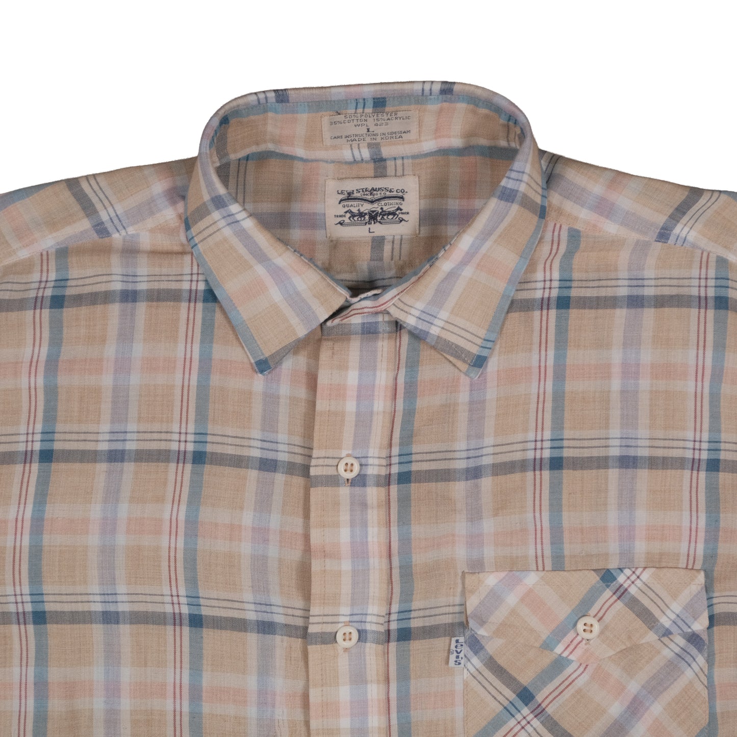 Vintage 70’s Levi’s Short Sleeve Button Up Tan Plaid Men’s Large Made in Korea Flap Pocket