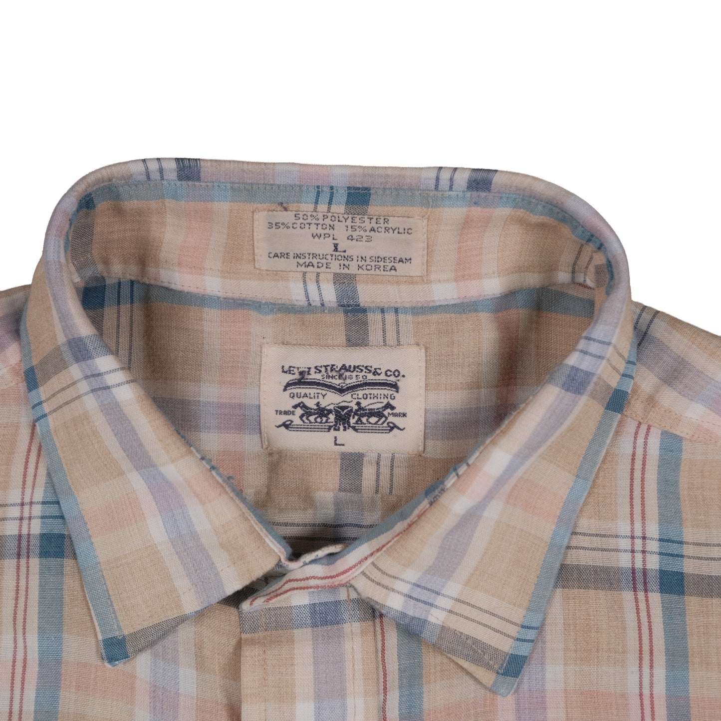 Vintage 70’s Levi’s Short Sleeve Button Up Tan Plaid Men’s Large Made in Korea Flap Pocket