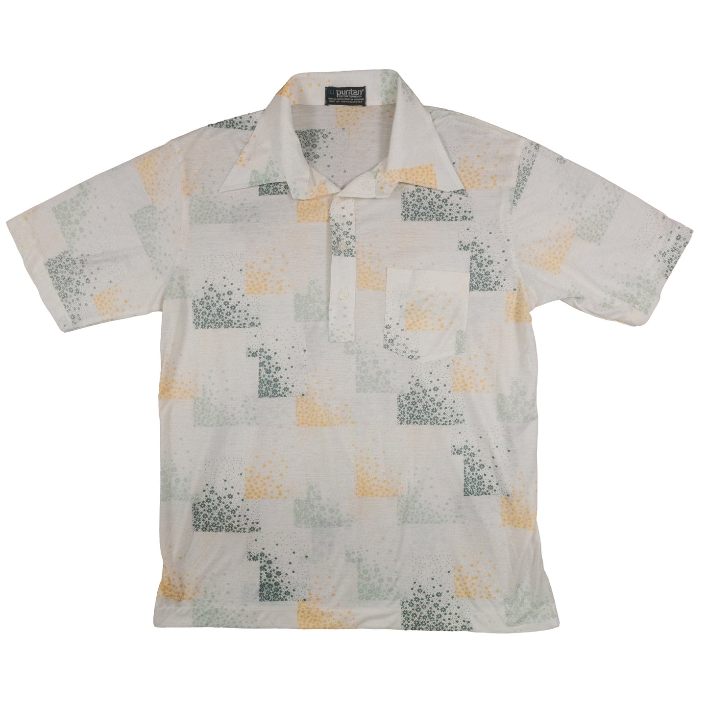 Vintage 70’s Puritan Polo Shirt Men’s Large Poly Knit Floral Pattern Retro Summer