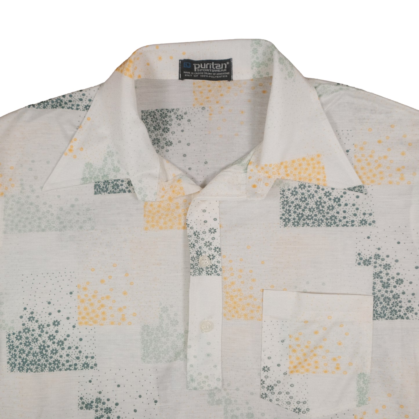 Vintage 70’s Puritan Polo Shirt Men’s Large Poly Knit Floral Pattern Retro Summer