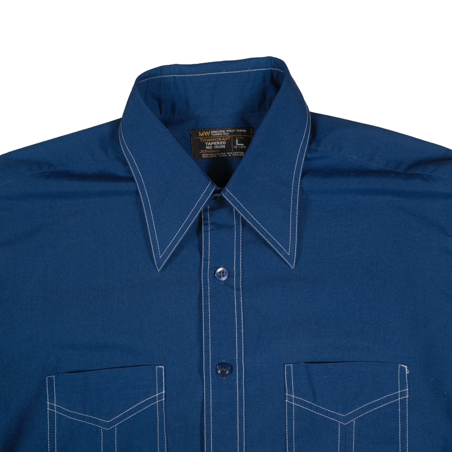 Vintage 70’s JC Penney Towncraft SS Button Up Men’s Large Blue Contrast Stitch Dagger Collar Retro