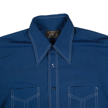 Vintage 70’s JC Penney Towncraft SS Button Up Men’s Large Blue Contrast Stitch Dagger Collar Retro