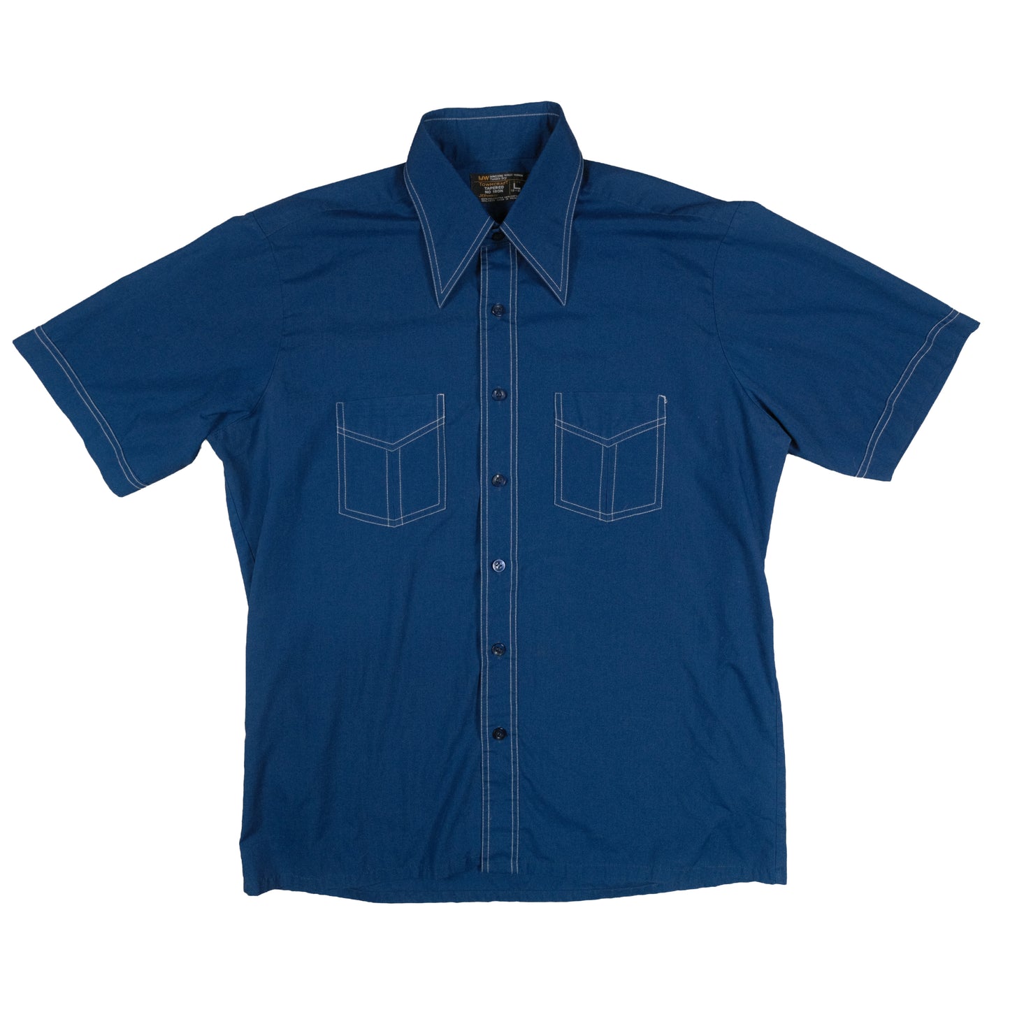 Vintage 70’s JC Penney Towncraft SS Button Up Men’s Large Blue Contrast Stitch Dagger Collar Retro
