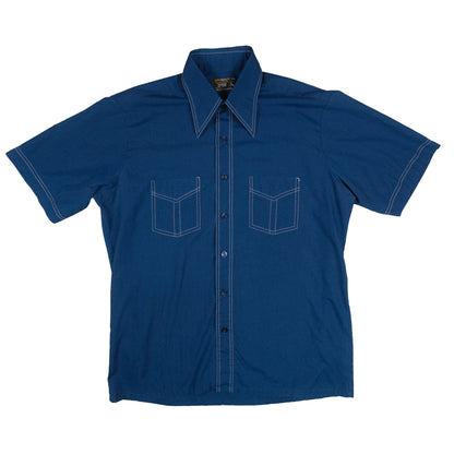 Vintage 70’s JC Penney Towncraft SS Button Up Men’s Large Blue Contrast Stitch Dagger Collar Retro
