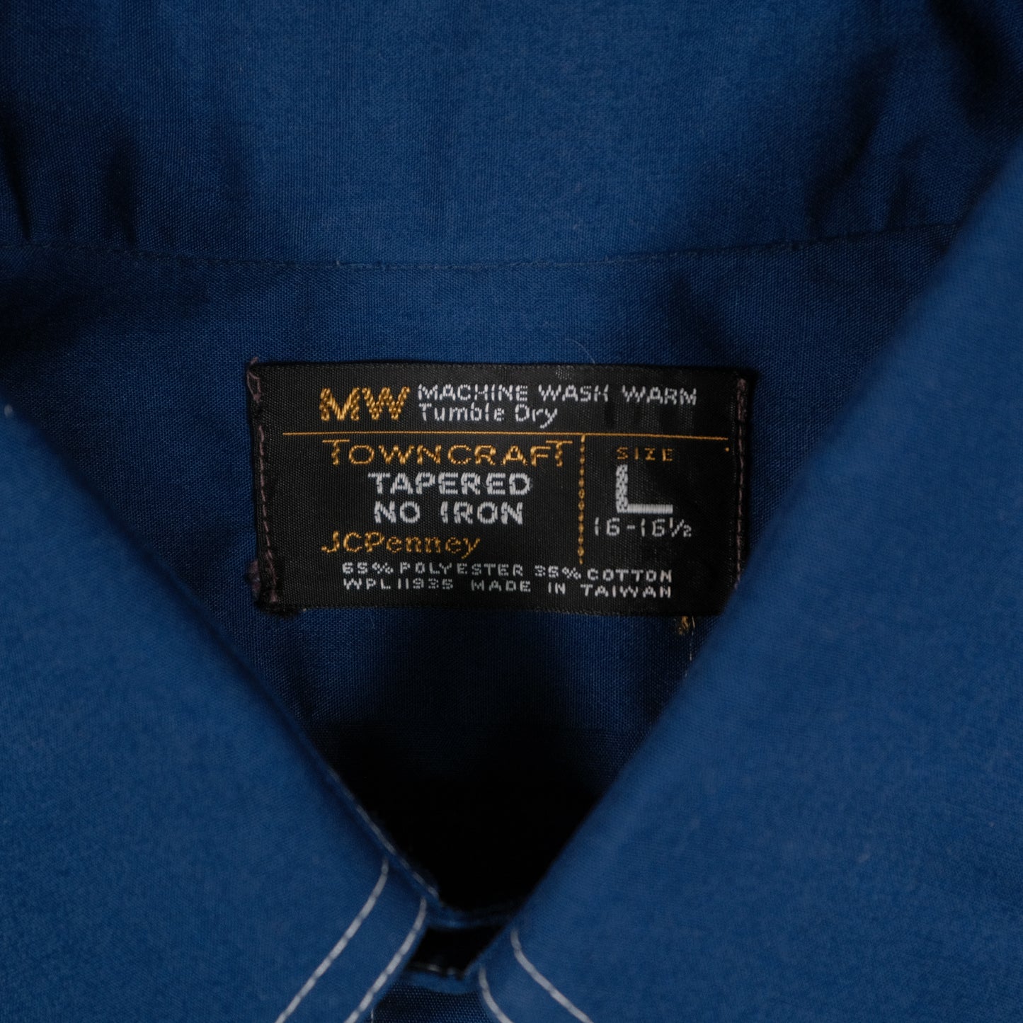 Vintage 70’s JC Penney Towncraft SS Button Up Men’s Large Blue Contrast Stitch Dagger Collar Retro