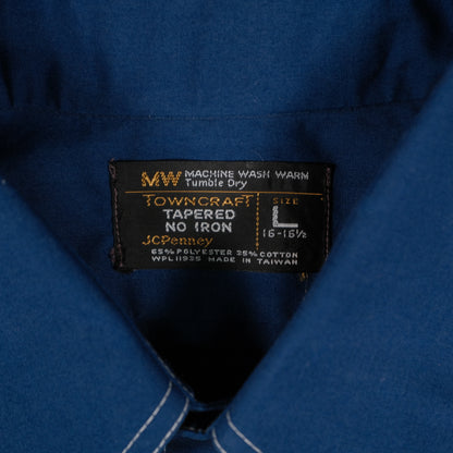 Vintage 70’s JC Penney Towncraft SS Button Up Men’s Large Blue Contrast Stitch Dagger Collar Retro