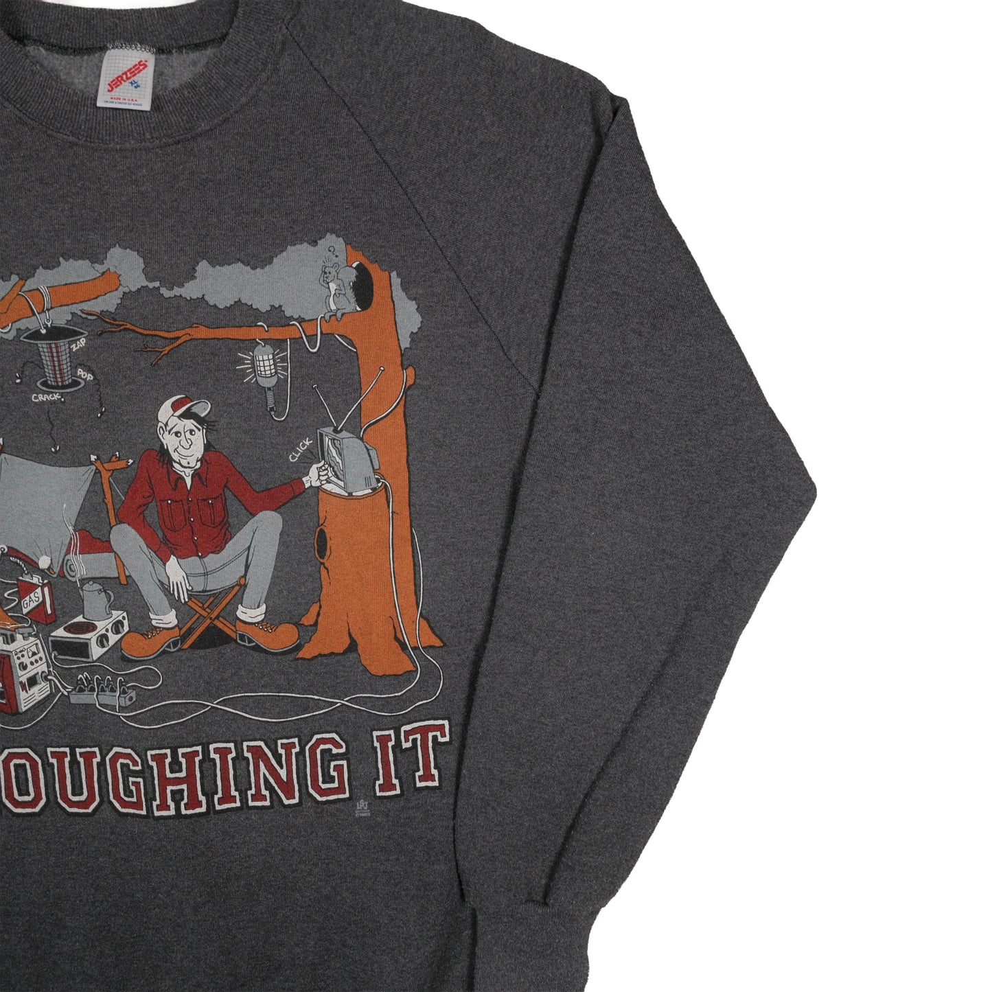 Vintage 80’s Jerzees Roughin’ It Camping Joke Raglan Sweatshirt Adult L USA Made Gray