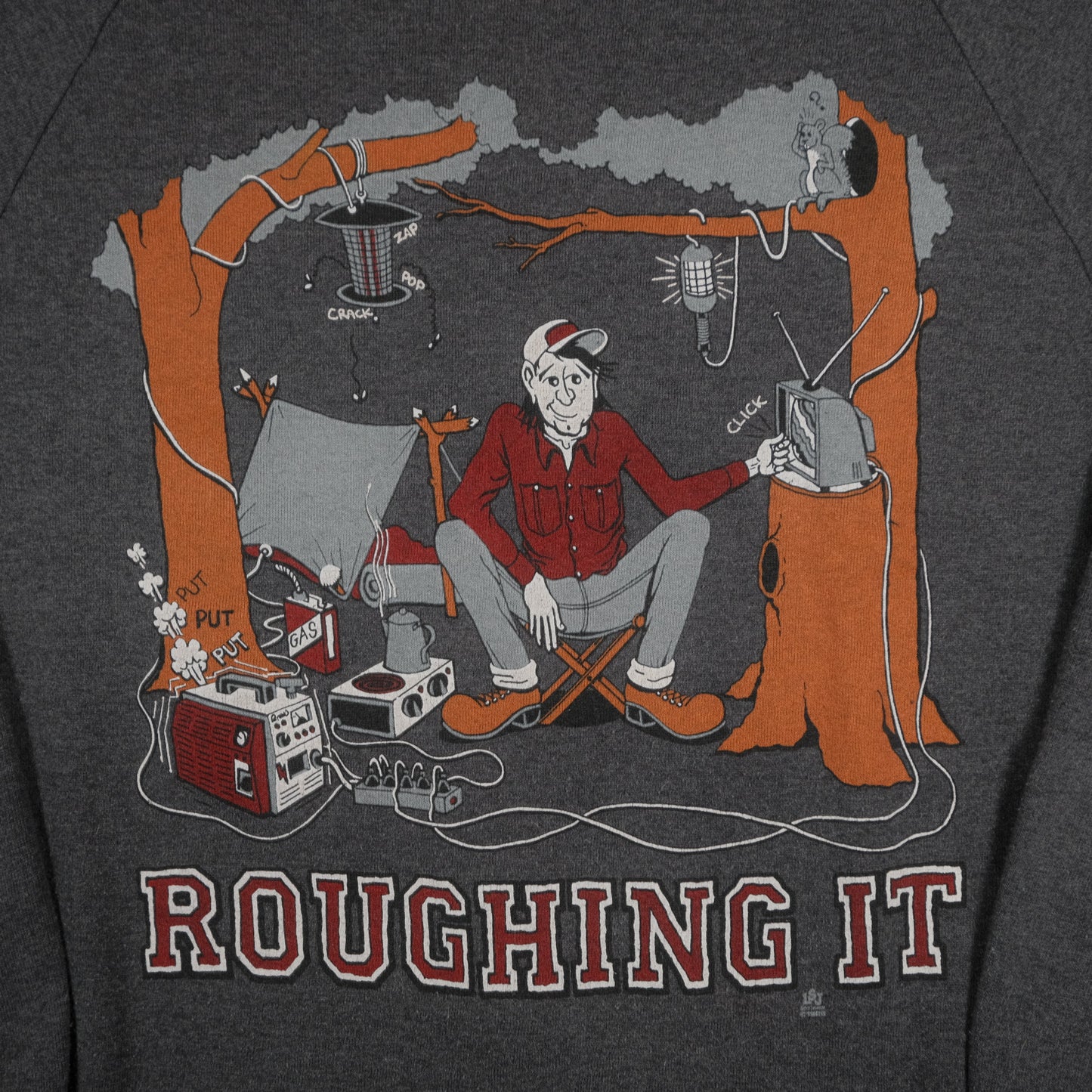 Vintage 80’s Jerzees Roughin’ It Camping Joke Raglan Sweatshirt Adult L USA Made Gray