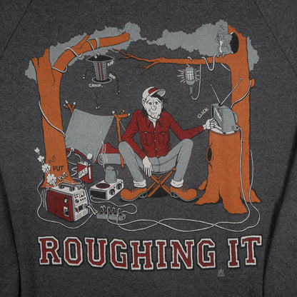 Vintage 80’s Jerzees Roughin’ It Camping Joke Raglan Sweatshirt Adult L USA Made Gray