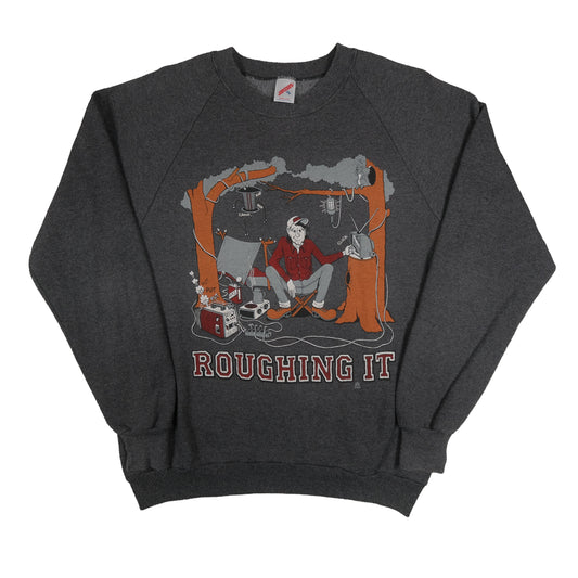Vintage 80’s Jerzees Roughin’ It Camping Joke Raglan Sweatshirt Adult L USA Made Gray