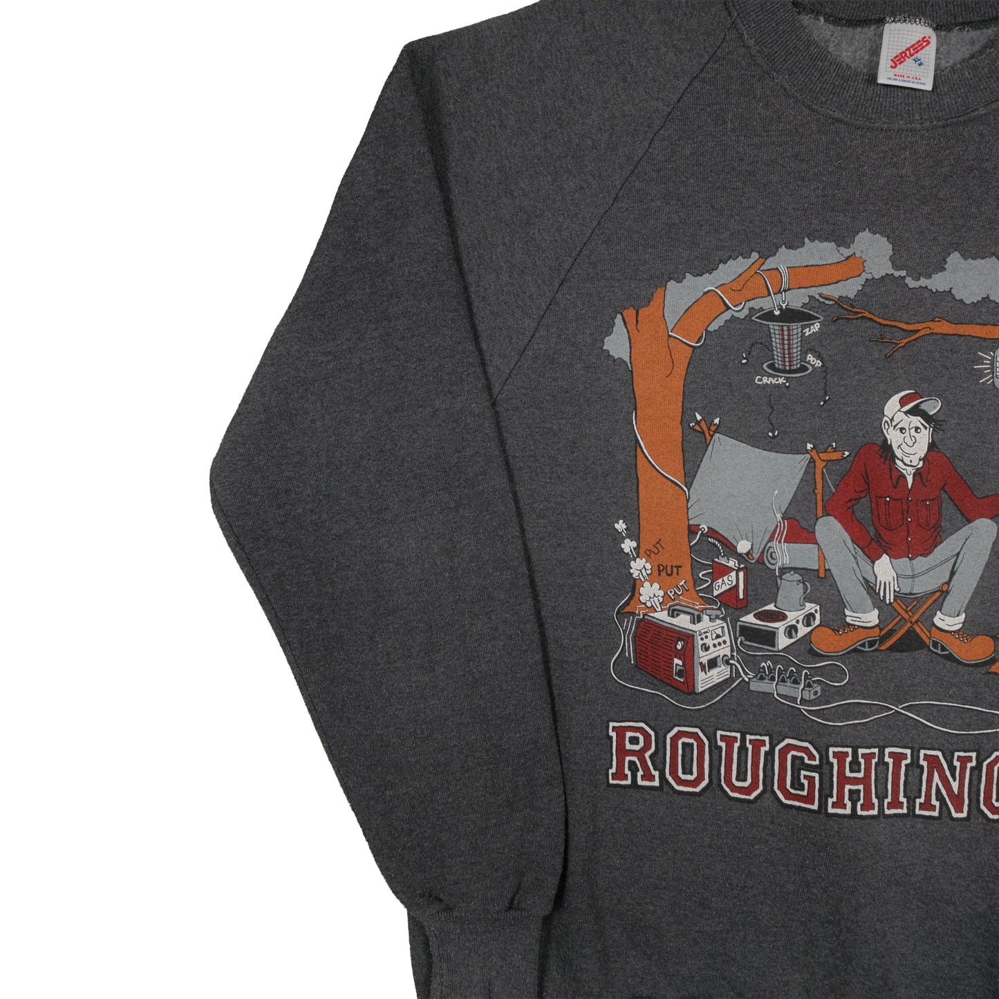 Vintage 80’s Jerzees Roughin’ It Camping Joke Raglan Sweatshirt Adult L USA Made Gray