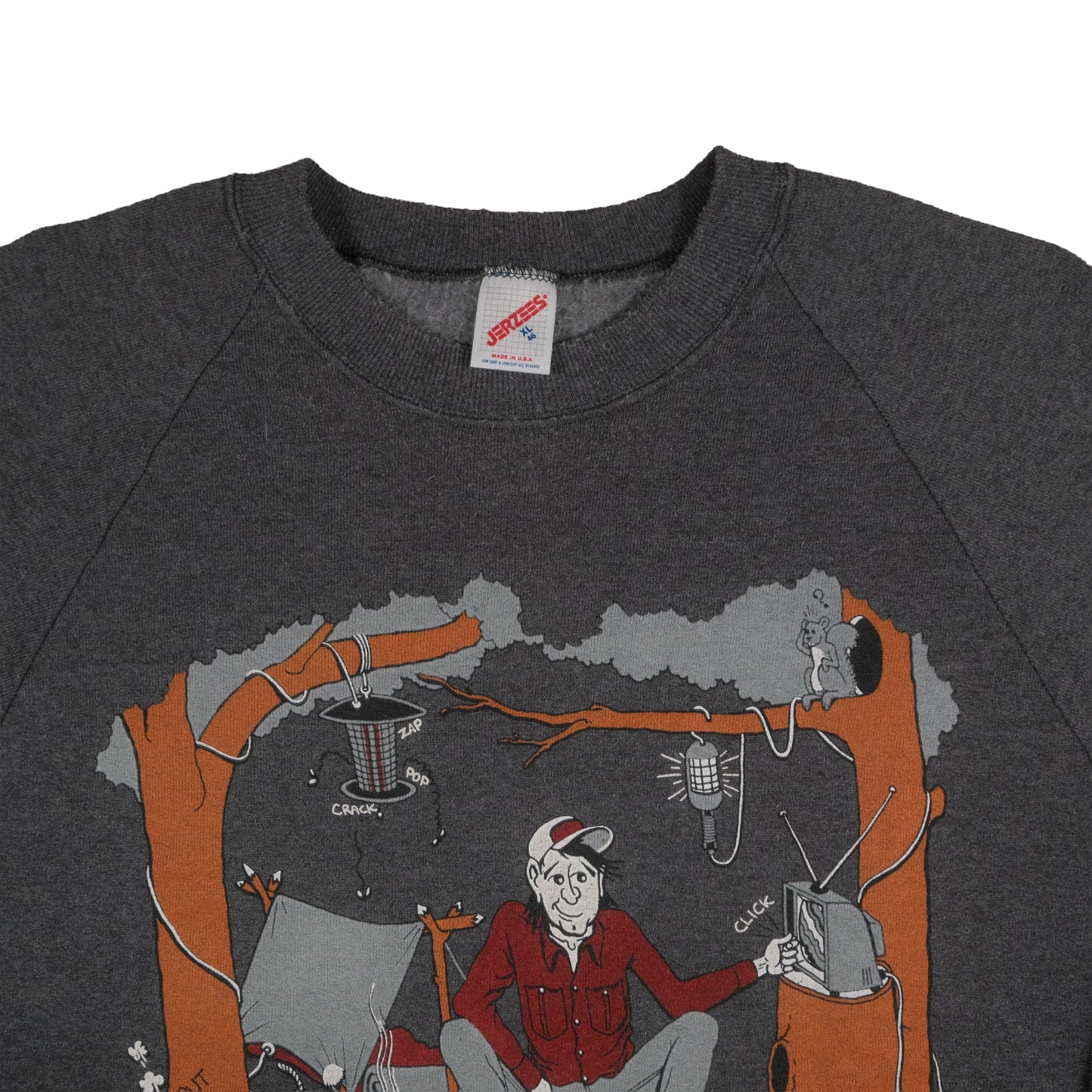 Vintage 80’s Jerzees Roughin’ It Camping Joke Raglan Sweatshirt Adult L USA Made Gray