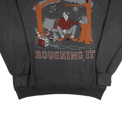 Vintage 80’s Jerzees Roughin’ It Camping Joke Raglan Sweatshirt Adult L USA Made Gray