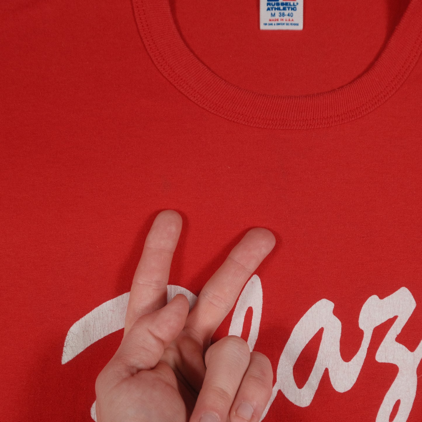 Vintage Russell Athletic Red Plaza T-Shirt Adult Small Graphic Tee Made in USA