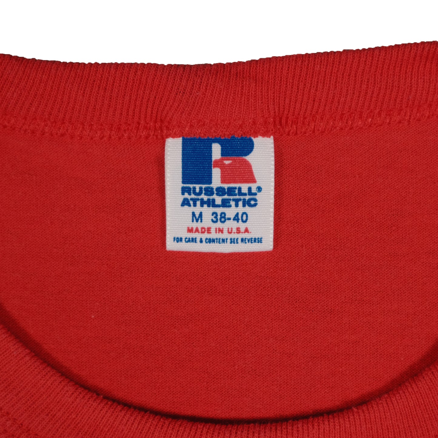 Vintage Russell Athletic Red Plaza T-Shirt Adult Small Graphic Tee Made in USA