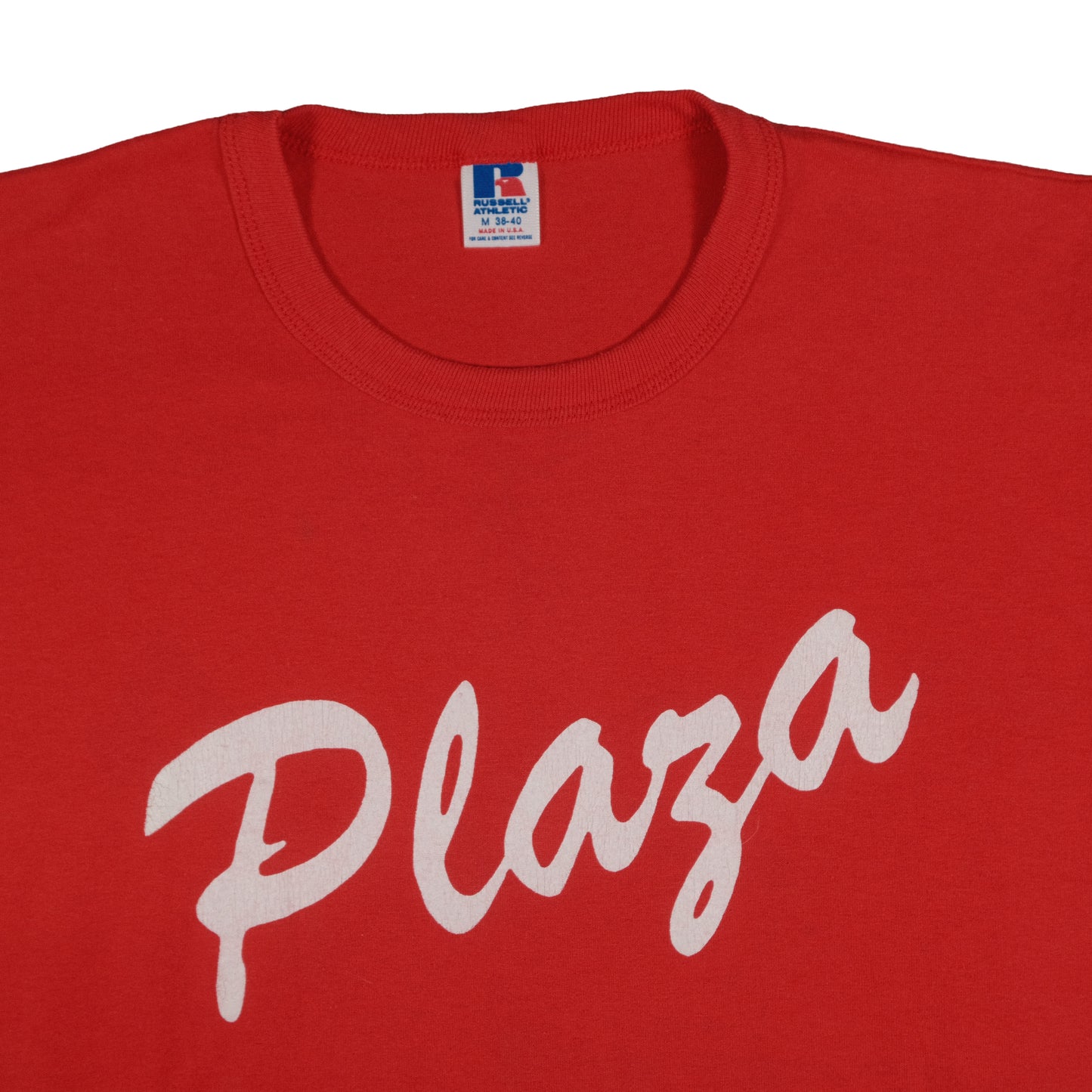 Vintage Russell Athletic Red Plaza T-Shirt Adult Small Graphic Tee Made in USA