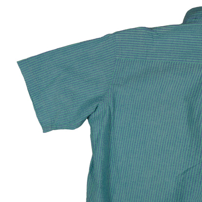 Vintage LL Bean Men’s Large Short Sleeve Button Down Blue Green Stripe Made in USA