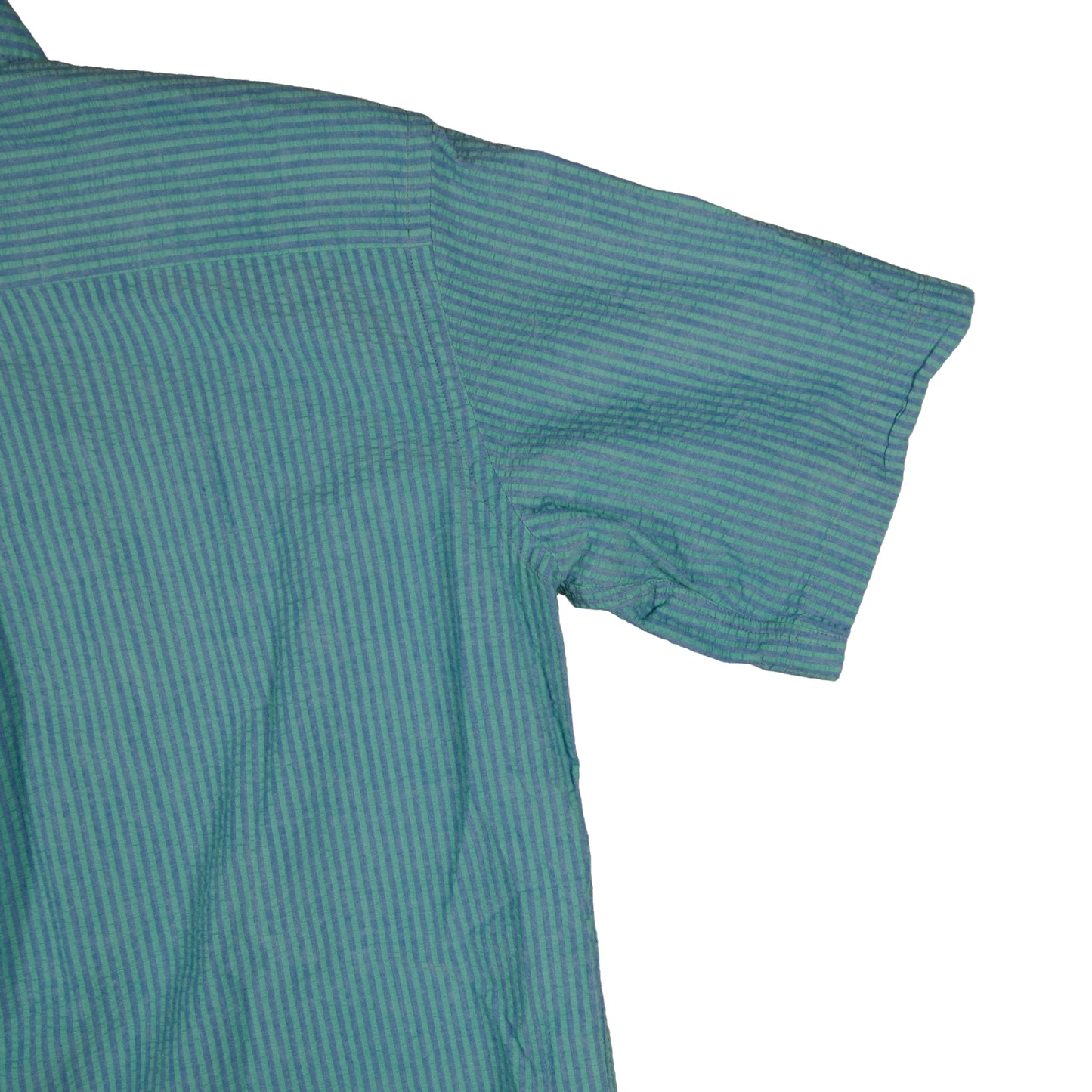 Vintage LL Bean Men’s Large Short Sleeve Button Down Blue Green Stripe Made in USA