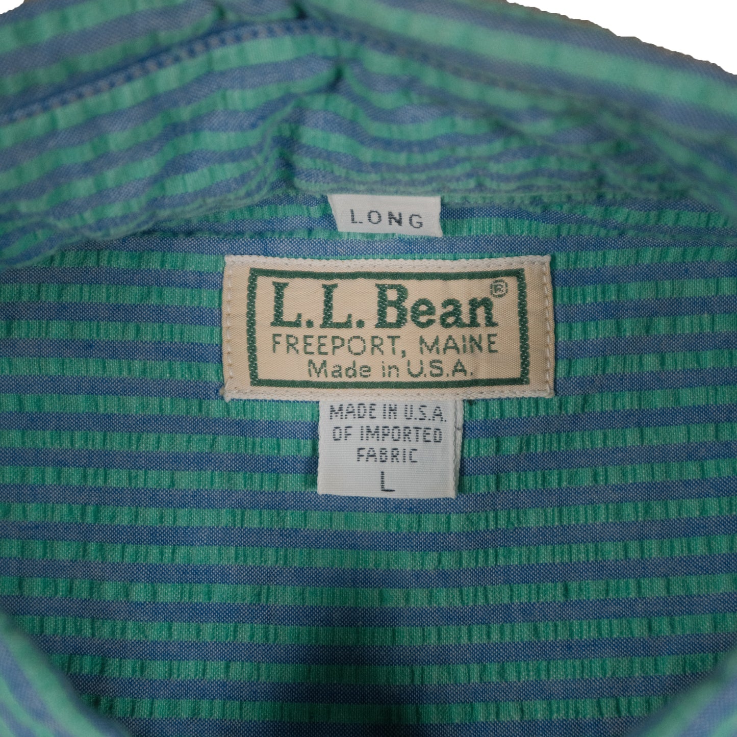 Vintage LL Bean Men’s Large Short Sleeve Button Down Blue Green Stripe Made in USA