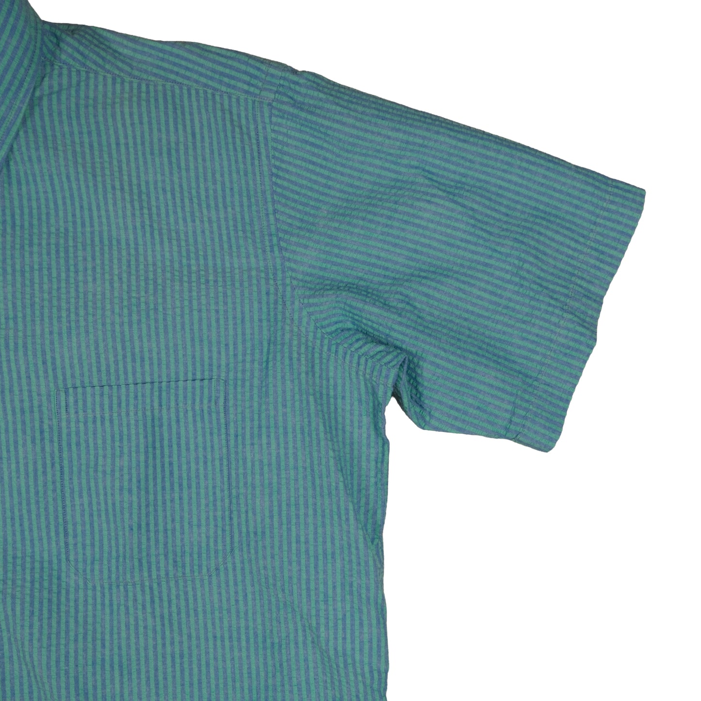 Vintage LL Bean Men’s Large Short Sleeve Button Down Blue Green Stripe Made in USA