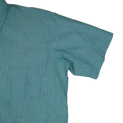 Vintage LL Bean Men’s Large Short Sleeve Button Down Blue Green Stripe Made in USA