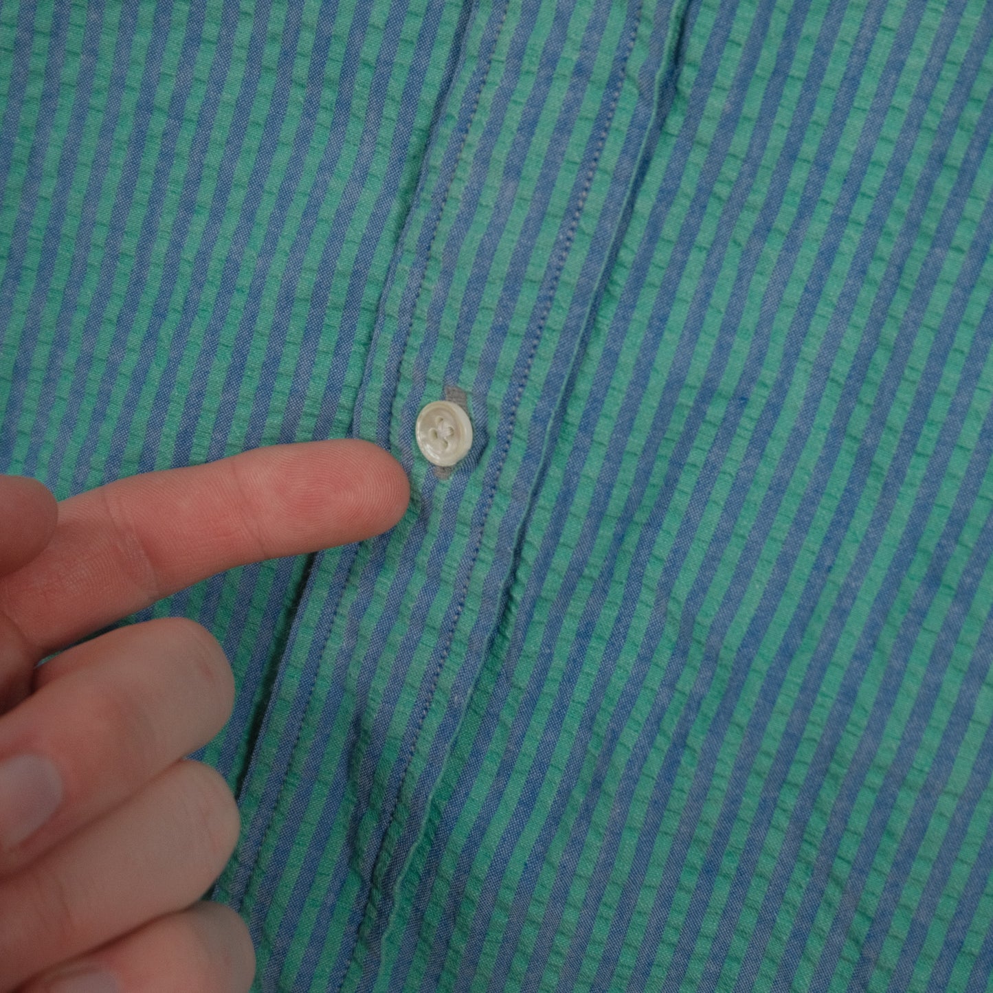 Vintage LL Bean Men’s Large Short Sleeve Button Down Blue Green Stripe Made in USA