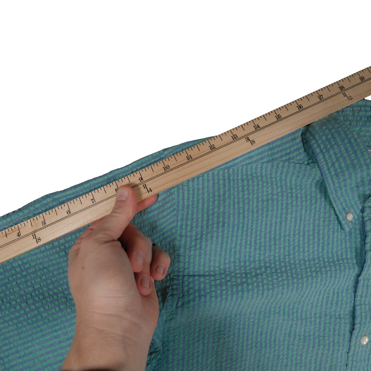 Vintage LL Bean Men’s Large Short Sleeve Button Down Blue Green Stripe Made in USA