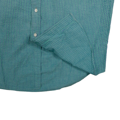 Vintage LL Bean Men’s Large Short Sleeve Button Down Blue Green Stripe Made in USA
