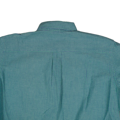 Vintage LL Bean Men’s Large Short Sleeve Button Down Blue Green Stripe Made in USA