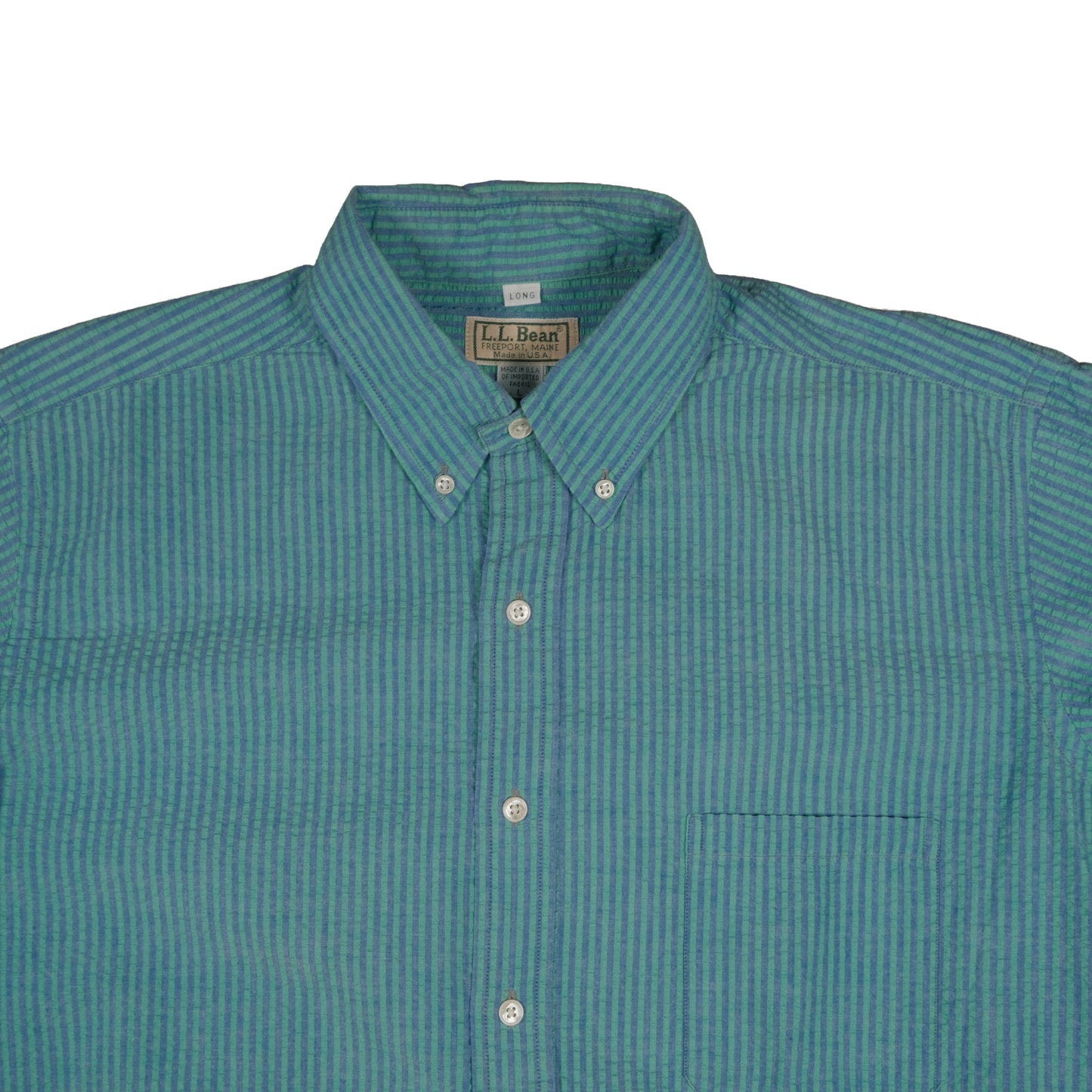 Vintage LL Bean Men’s Large Short Sleeve Button Down Blue Green Stripe Made in USA