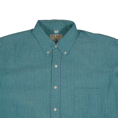 Vintage LL Bean Men’s Large Short Sleeve Button Down Blue Green Stripe Made in USA