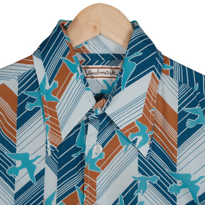 Vintage Landmark 70’s Button Up Long Sleeve Men’s Large Blue Abstract Bird Disco Club
