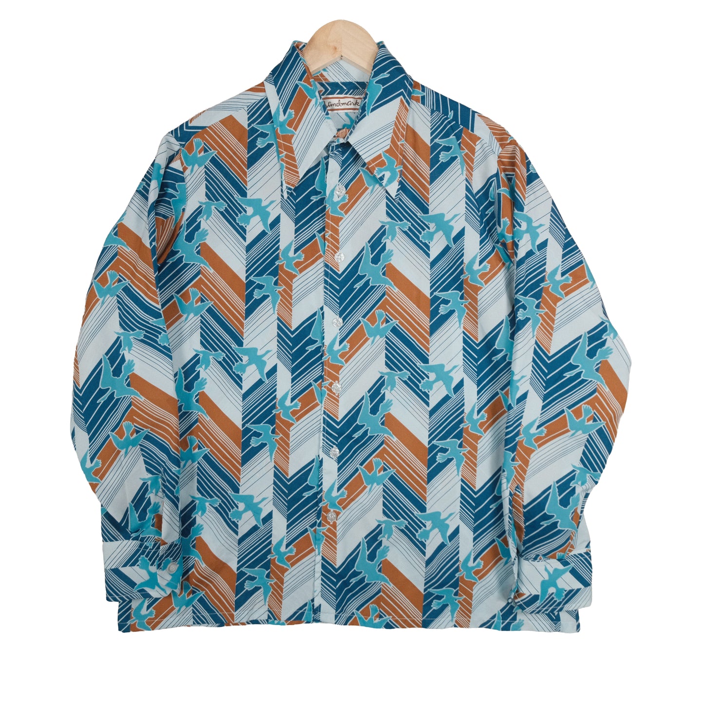Vintage Landmark 70’s Button Up Long Sleeve Men’s Large Blue Abstract Bird Disco Club